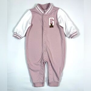 BABY GAP Pink Varsity Romper Snap Front One Piece Logo Patch Size 3-6 Months
